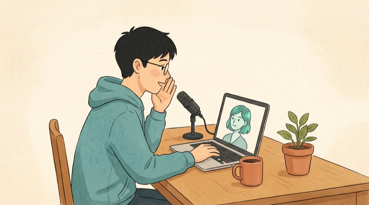 Hand-drawn scene — person in a teal hoodie at a desk with a microphone and laptop; the screen shows a live digital avatar, with a mug and plant nearby.